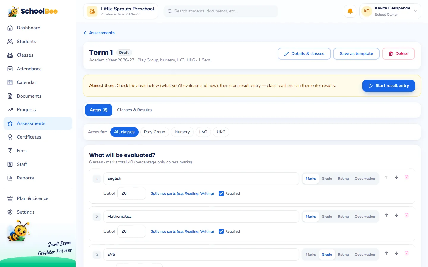 Setting up assessment areas in SchoolBee with English, Mathematics, EVS, Communication, Creativity and Teacher Observation