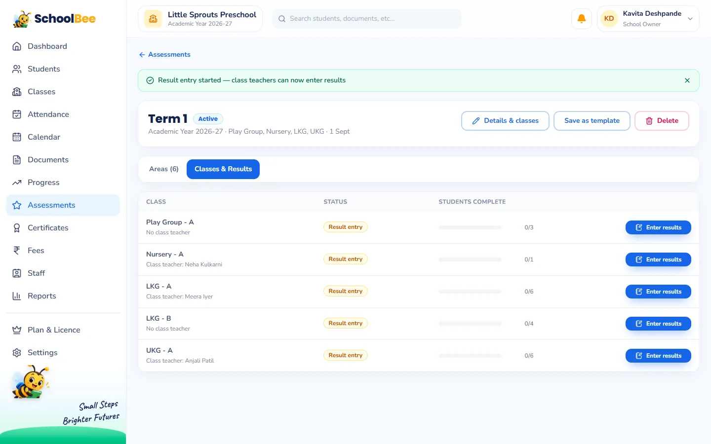 SchoolBee assessment result entry status for each class and section with enter results buttons