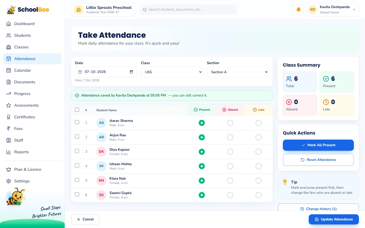 SchoolBee Take Attendance screen with date, class and section, a student list with present, absent and late buttons and a class summary