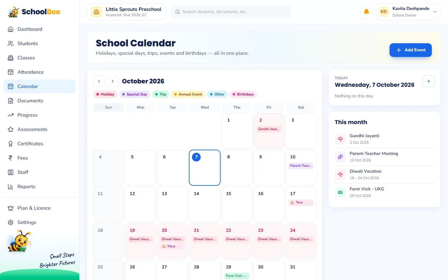 SchoolBee school calendar for October 2026 with Gandhi Jayanti, Diwali vacation and other events