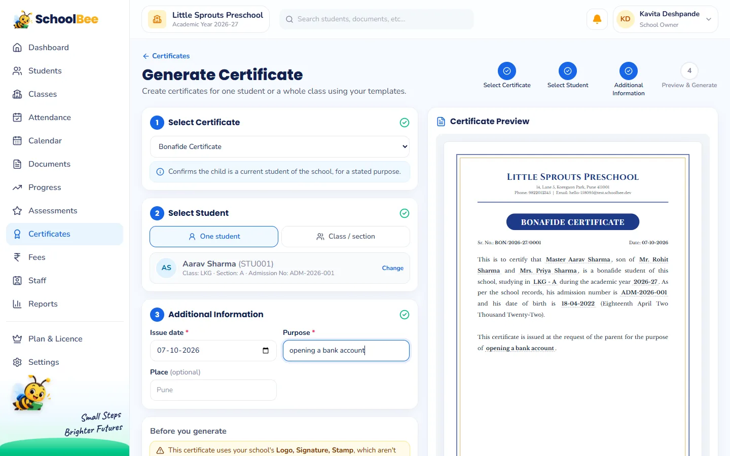 Generating a bonafide certificate in SchoolBee with the student selected, purpose filled in and a live certificate preview