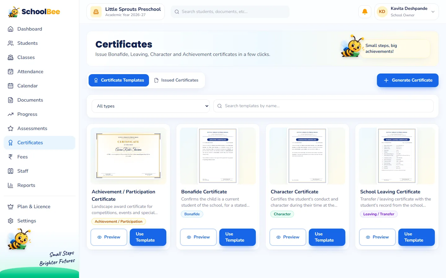 SchoolBee certificates gallery with achievement, bonafide, character and school leaving certificate templates and previews