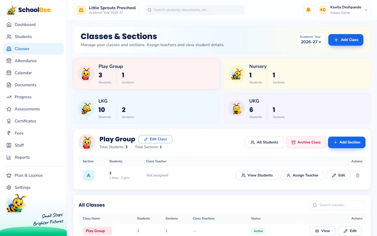 SchoolBee classes page with each section’s class teacher and student count