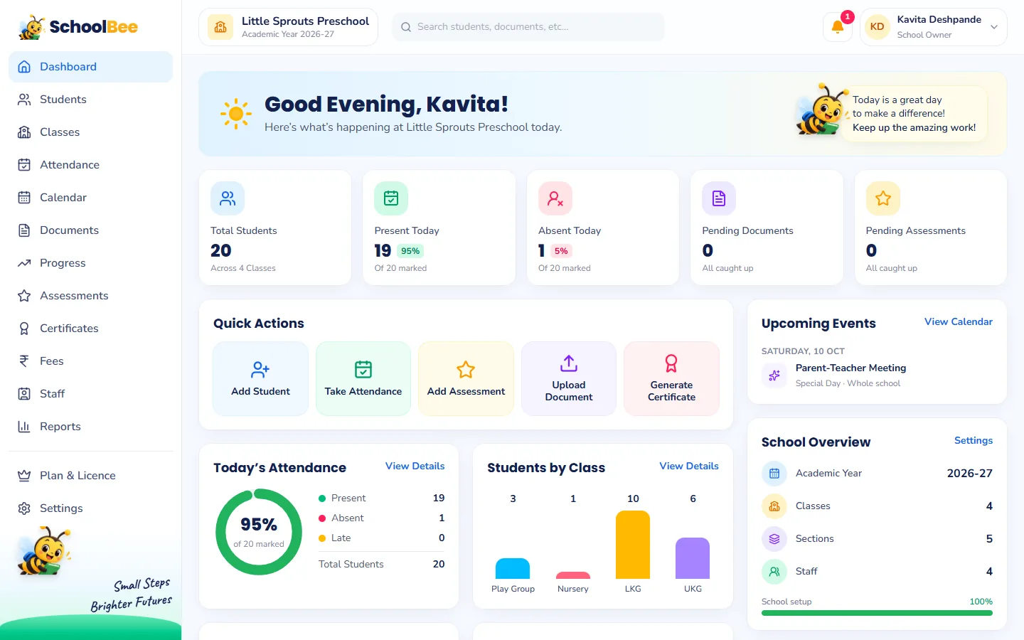 SchoolBee dashboard with a Pending Documents card, an Upload Document quick action and today’s attendance