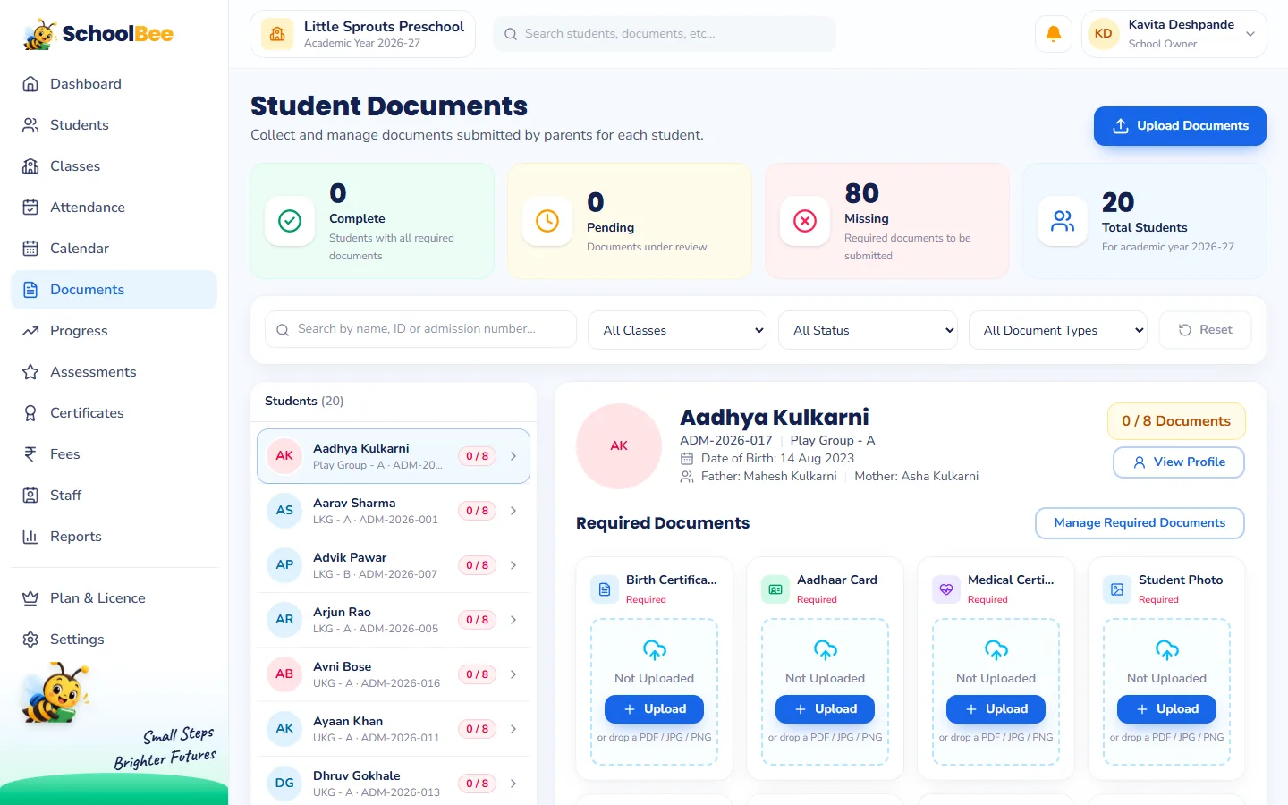 SchoolBee Student Documents page with complete, pending and missing counts, a student list with progress and one child’s required document slots
