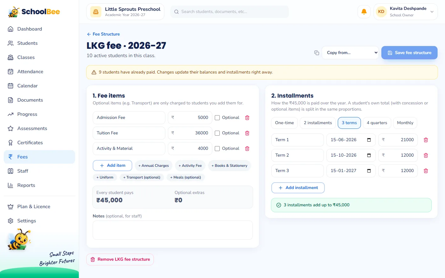 SchoolBee fee structure editor for LKG with fee items and three term instalments with due dates