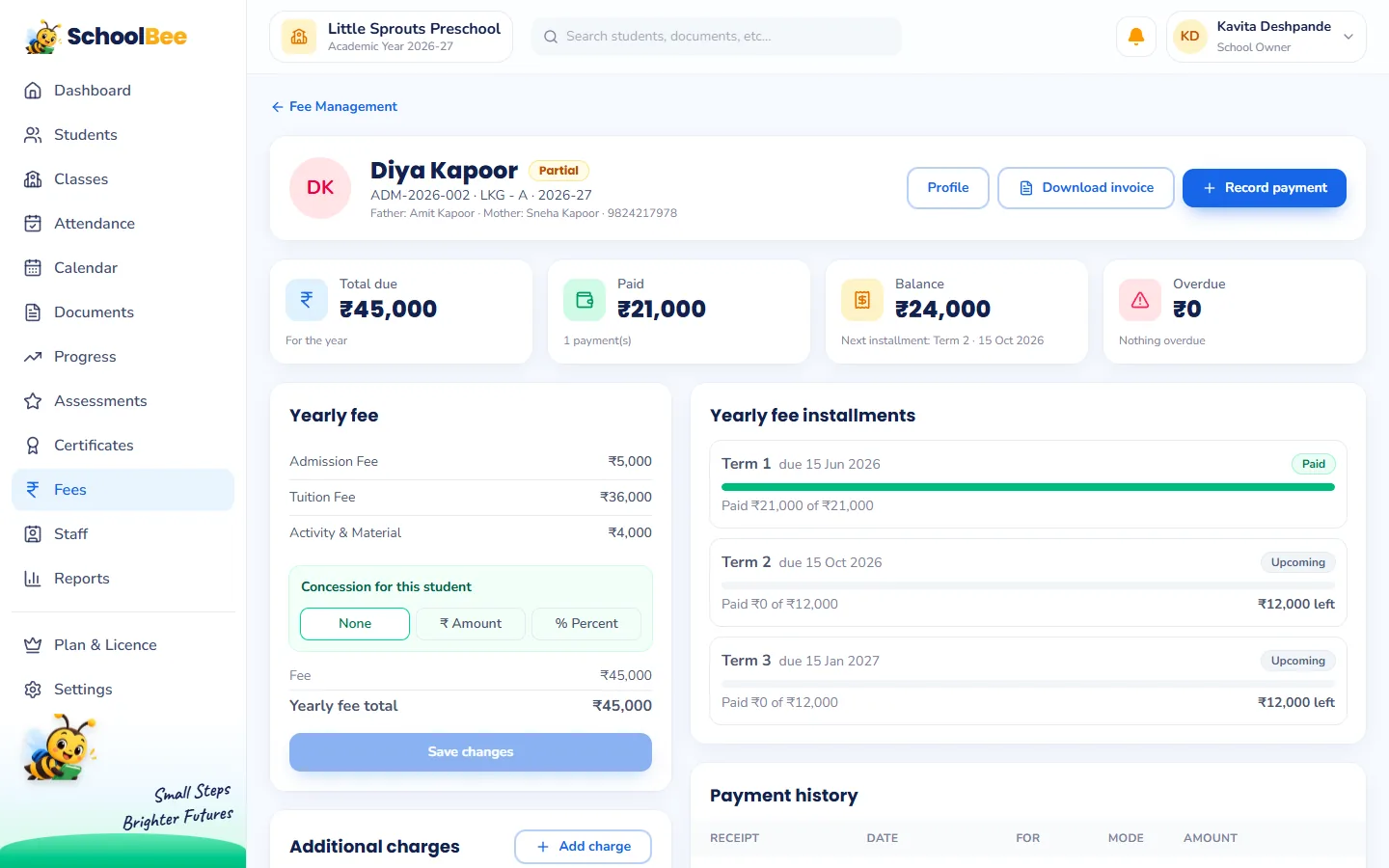 A student’s fee page in SchoolBee with yearly fee items, concession options, instalment progress and payment history