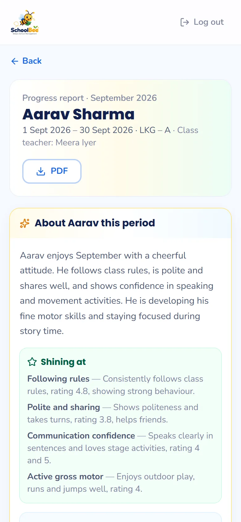 A progress report with AI summary, strengths, growing next and a plan for home and class shown on a phone
