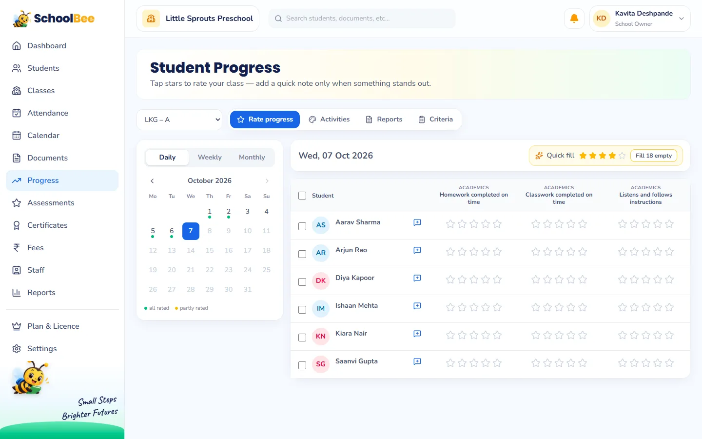 SchoolBee progress page with a weekly calendar and a grid of 1 to 5 star ratings for each child in LKG A