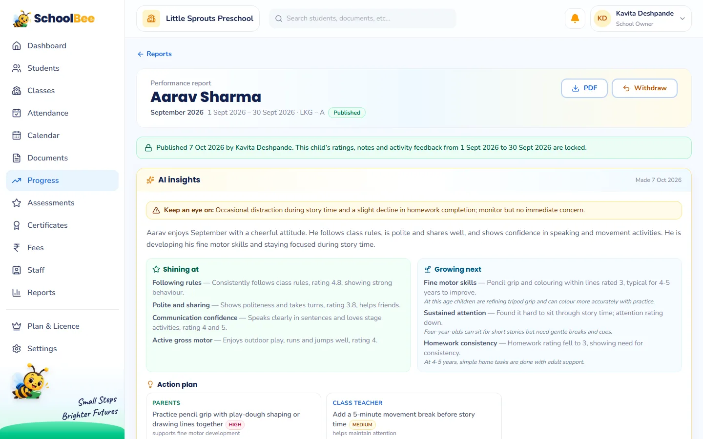 A SchoolBee progress report page that is also downloadable as a PDF report card with signatures and stamp