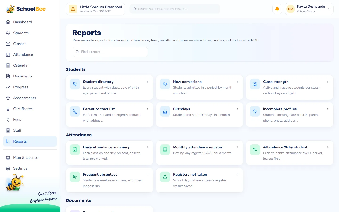 SchoolBee reports page listing student, attendance, document, fee, assessment, certificate, staff and calendar reports