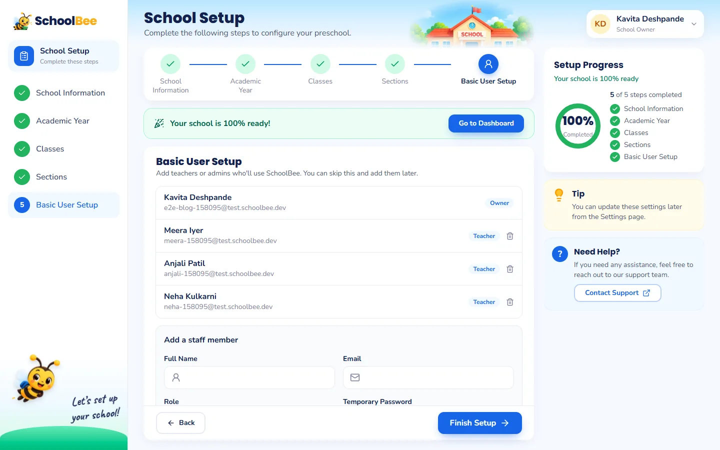 SchoolBee school setup page with steps for school information, academic year, classes, sections and staff and a setup progress meter
