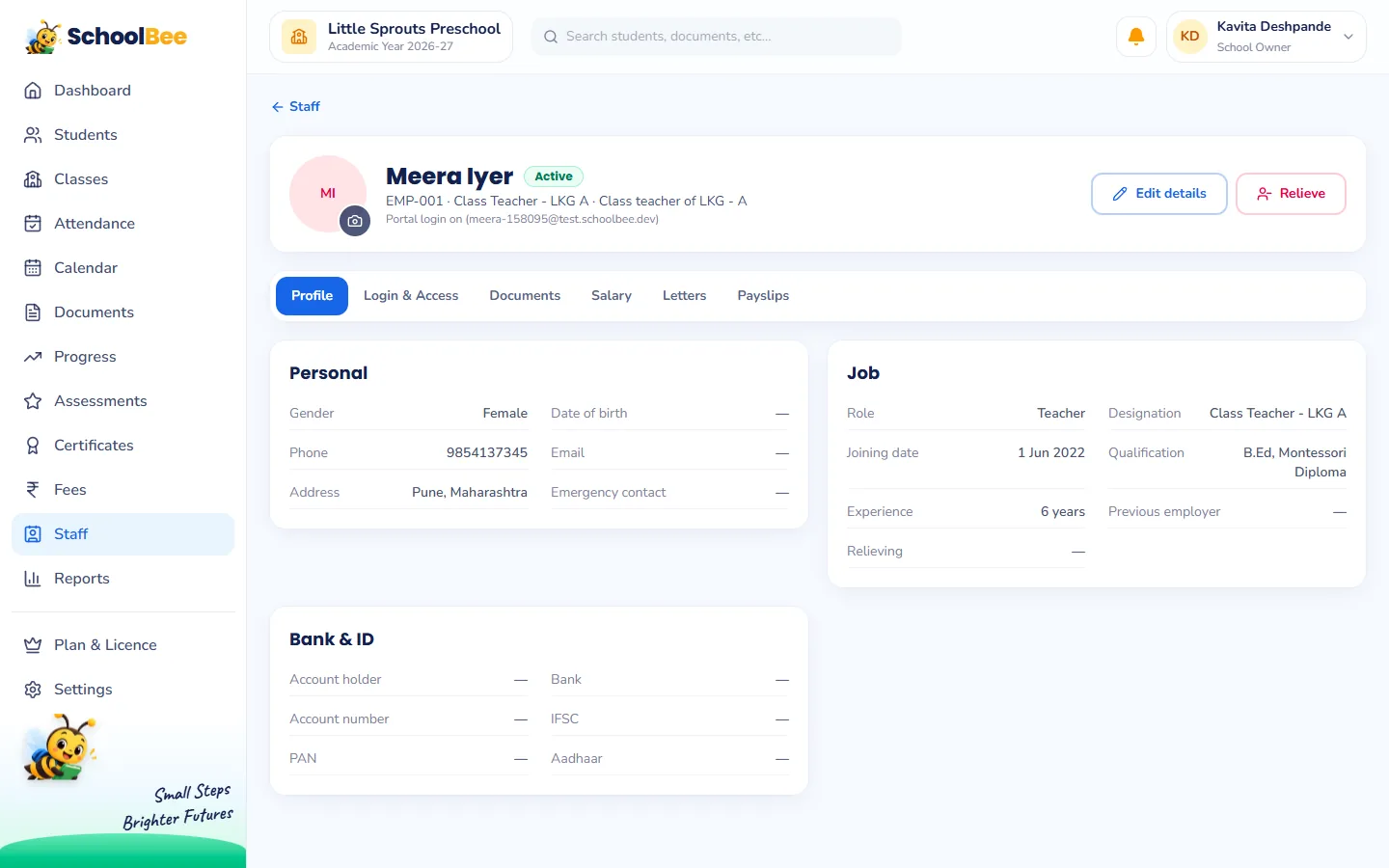 SchoolBee staff profile of a class teacher with profile, login and access, documents, salary, letters and payslips tabs