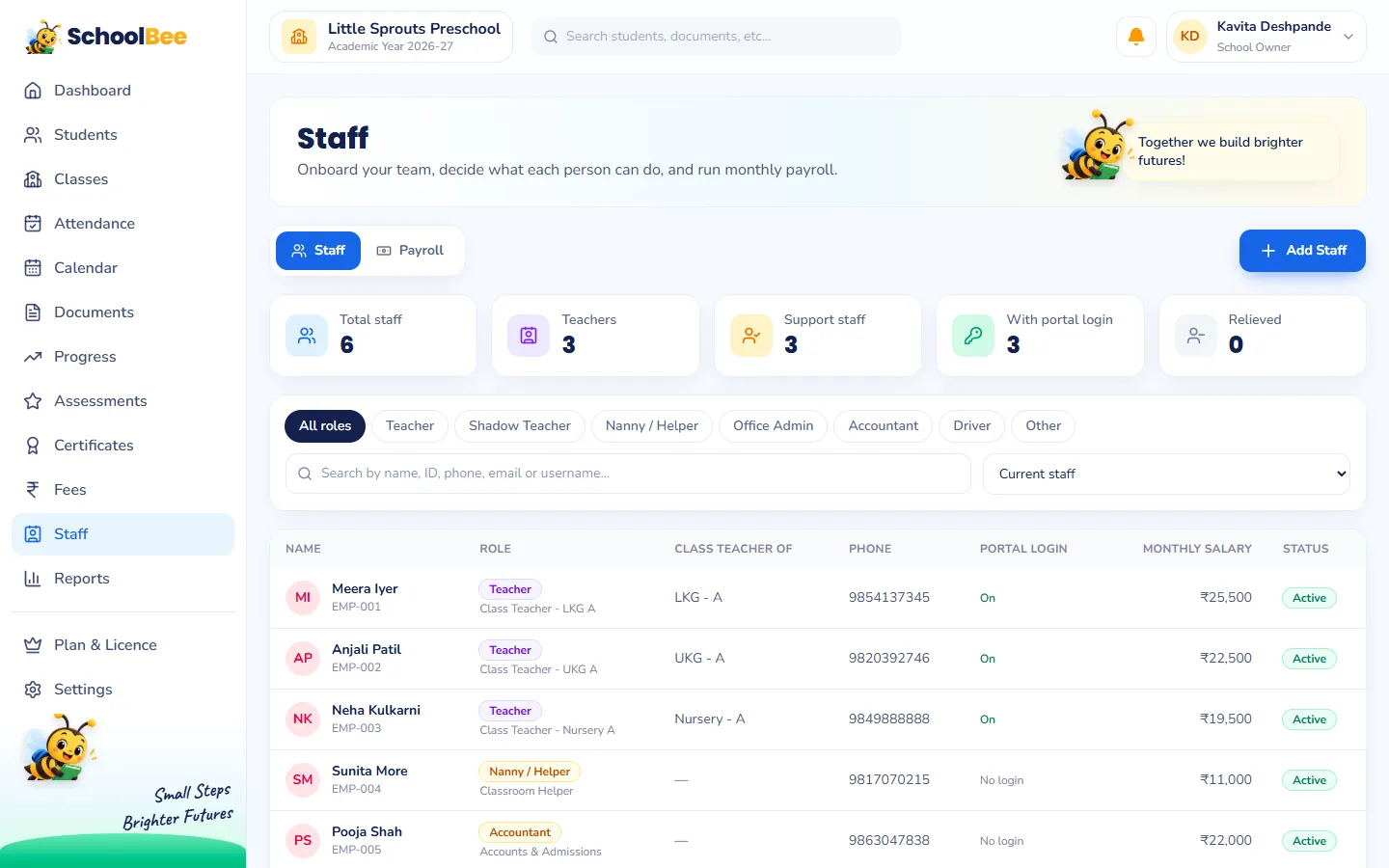 SchoolBee staff list with teachers, a classroom helper, an accountant and a driver, showing role, classes, login and salary