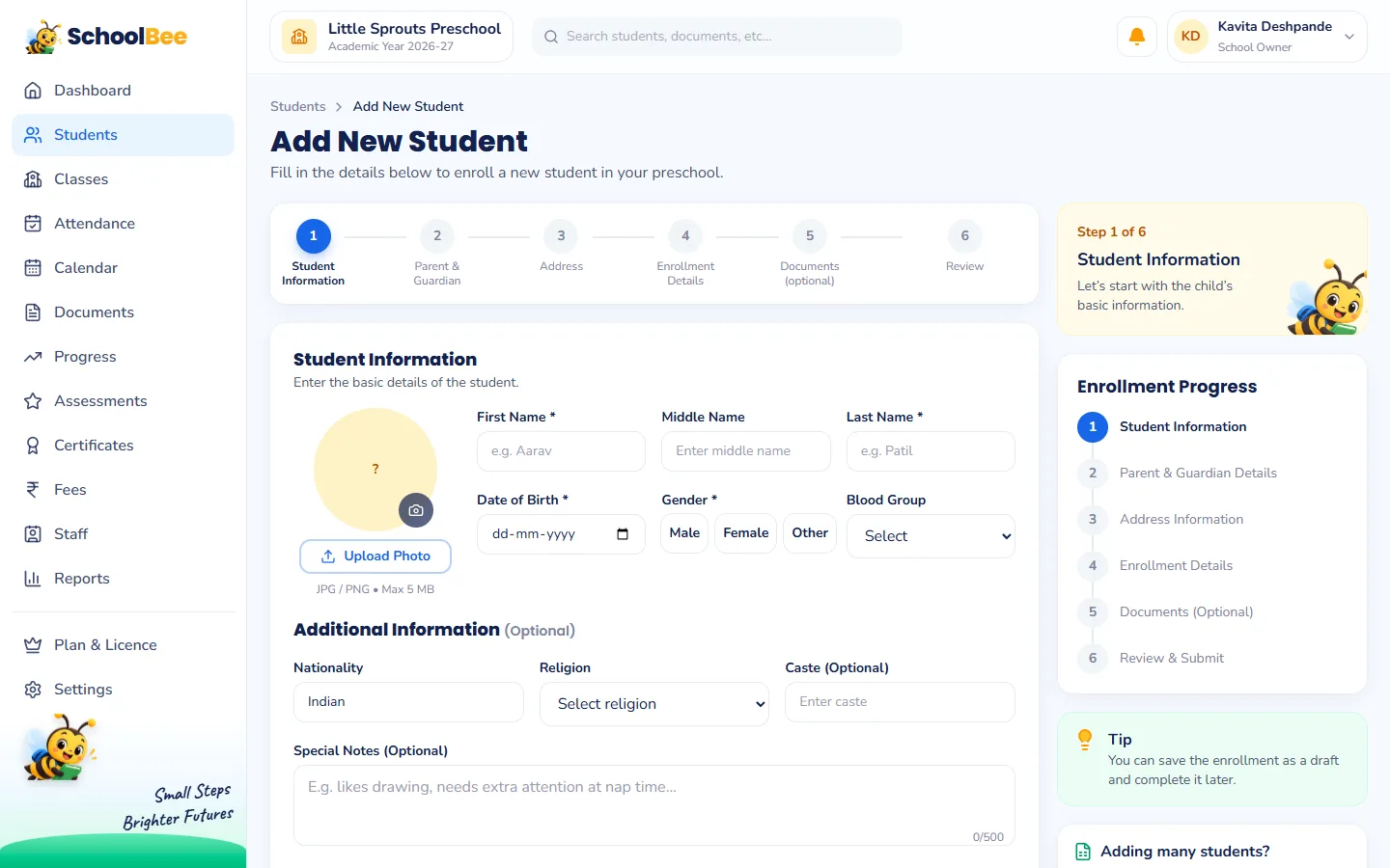 SchoolBee Add New Student form with six steps including an optional Documents step