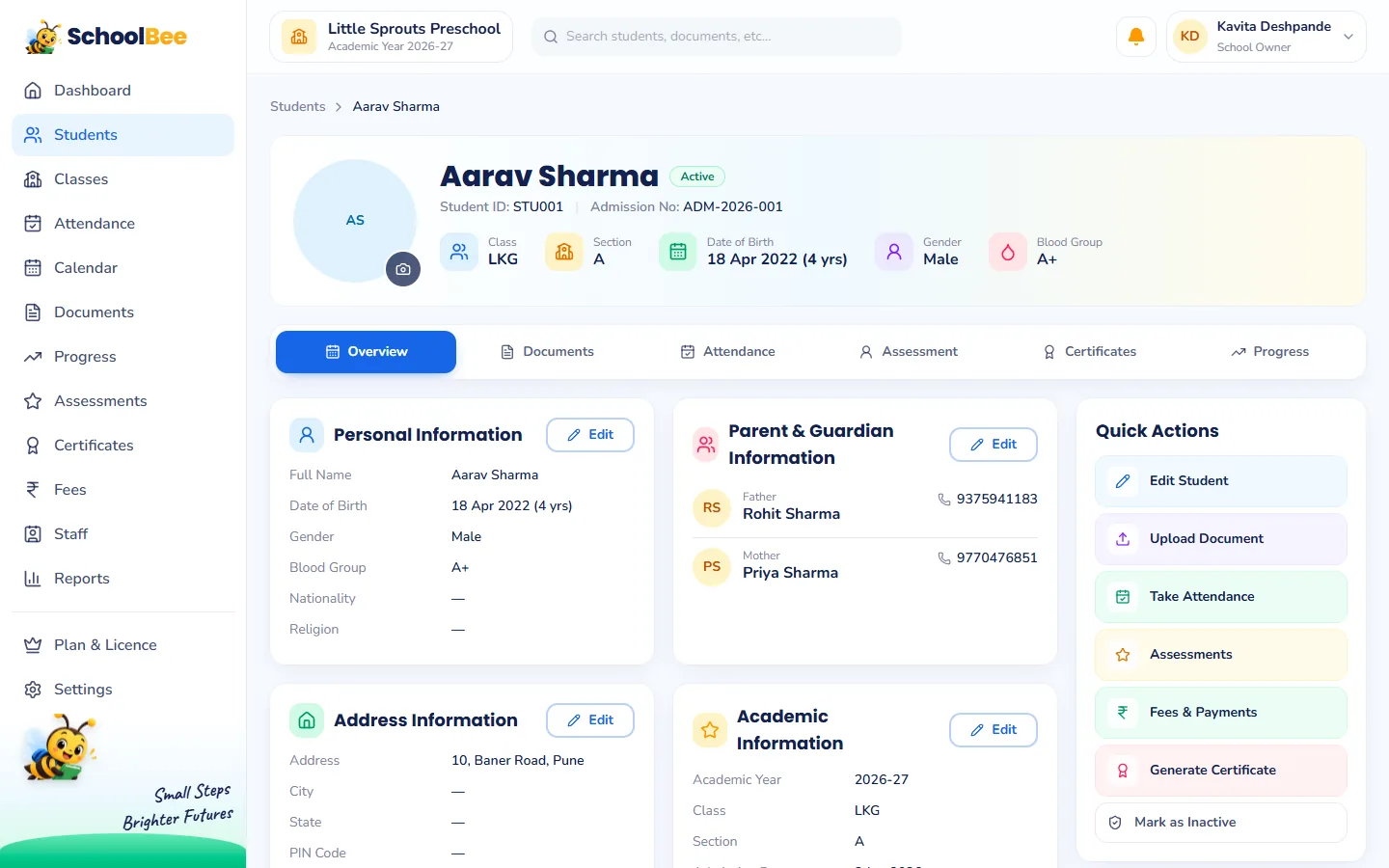 SchoolBee student profile with a Documents tab next to overview, attendance and progress
