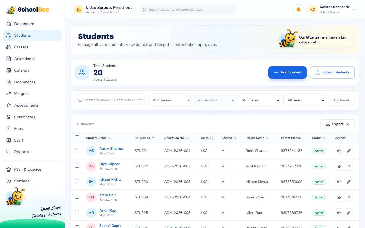 SchoolBee student list with search, class and section filters, and each student’s parents and phone numbers