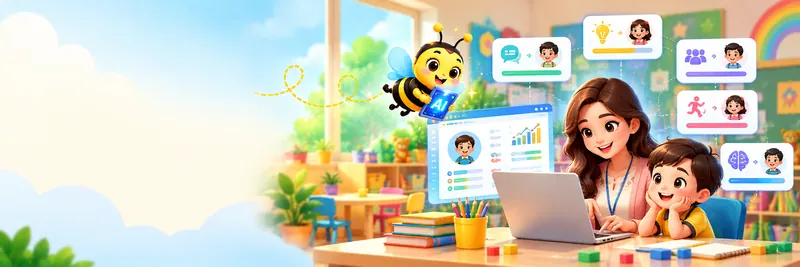 Teacher and a young child looking at a progress dashboard on a laptop with the SchoolBee bee mascot holding an AI card