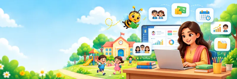 Preschool teacher using SchoolBee on a laptop with student, fee, attendance and progress cards around her