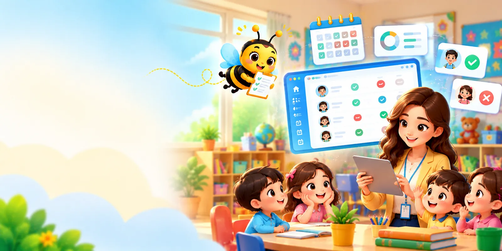 Preschool teacher taking attendance on a tablet in a classroom with present and absent indicators and a calendar