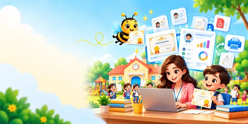 Teacher at a laptop with a certificate preview and a progress report, a happy child holding a certificate and the SchoolBee bee mascot