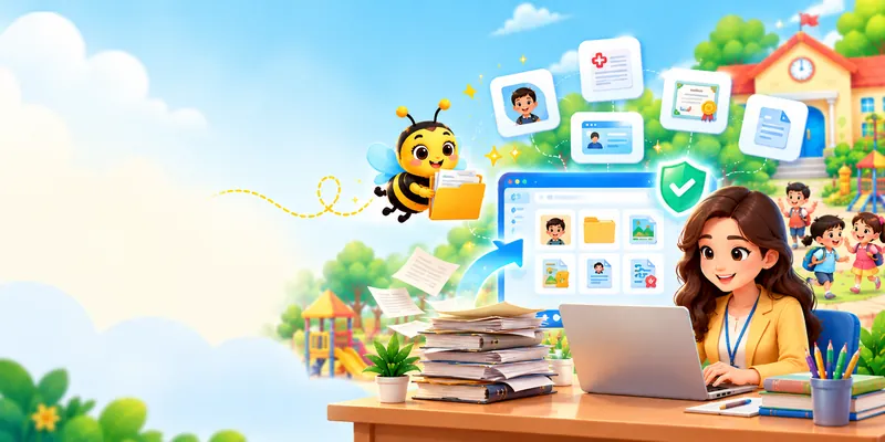 Paper files turning into neat digital folders with birth certificate, ID and medical document icons and a security shield