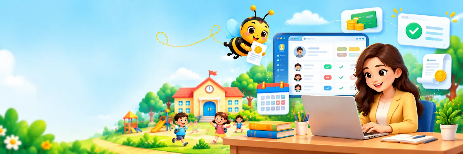 Relaxed preschool administrator at a laptop with a SchoolBee fee dashboard, payment confirmation and receipt illustrations