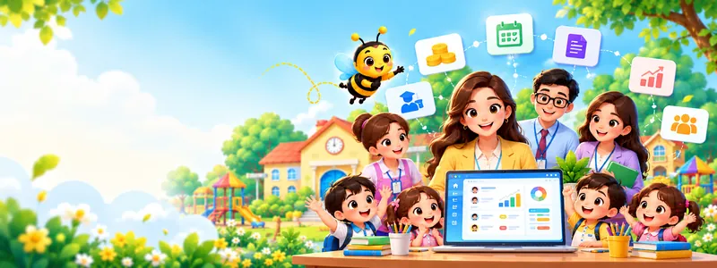 Preschool owner with teachers and children in front of a school building, with a SchoolBee dashboard showing students, fees, attendance and progress