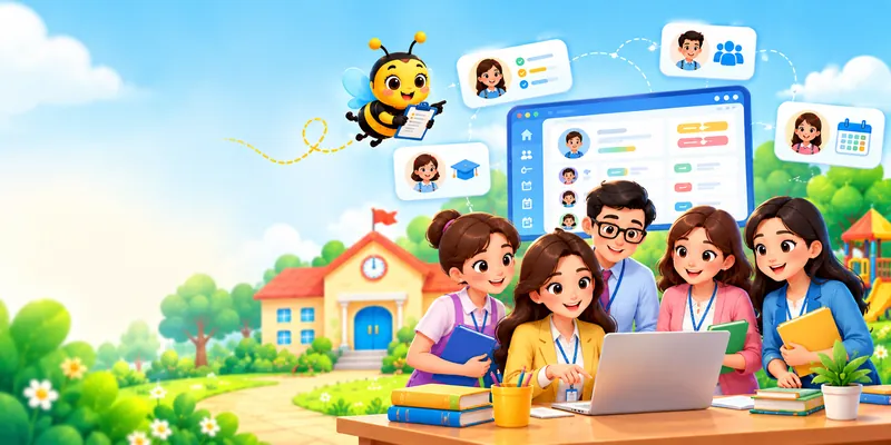 Preschool principal with a team of teachers and a SchoolBee staff management dashboard on a laptop