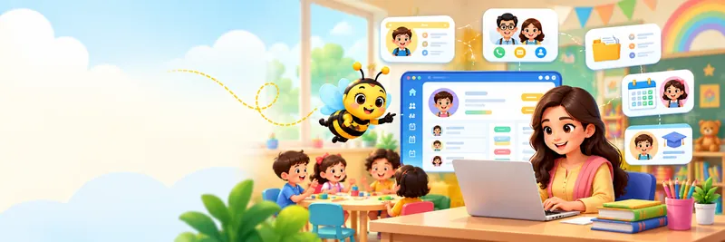 Teacher looking at a SchoolBee dashboard surrounded by student profile cards with photos, parent details and documents